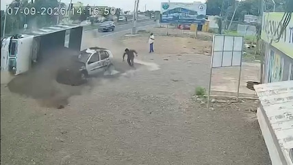 Video: Sand-Laden Truck Swerves, Topples, Buries Car In Junagadh. 2 Men Narrowly Escape