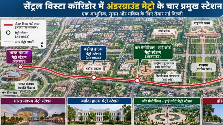 कर्तव्य भवन से इंडिया गेट से इंद्रप्रस्थ, 10 KM में 9 स्टेशन, दिल्ली मेट्रो के सेंट्रल विस्टा कॉरिडोर ने पकड़ी रफ्तार, हजारों कर्मचारियों को फायदा