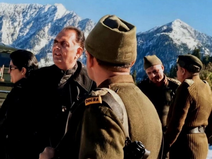 K.C. Pant with troops of the Dogra Regiment in the high mountains. 