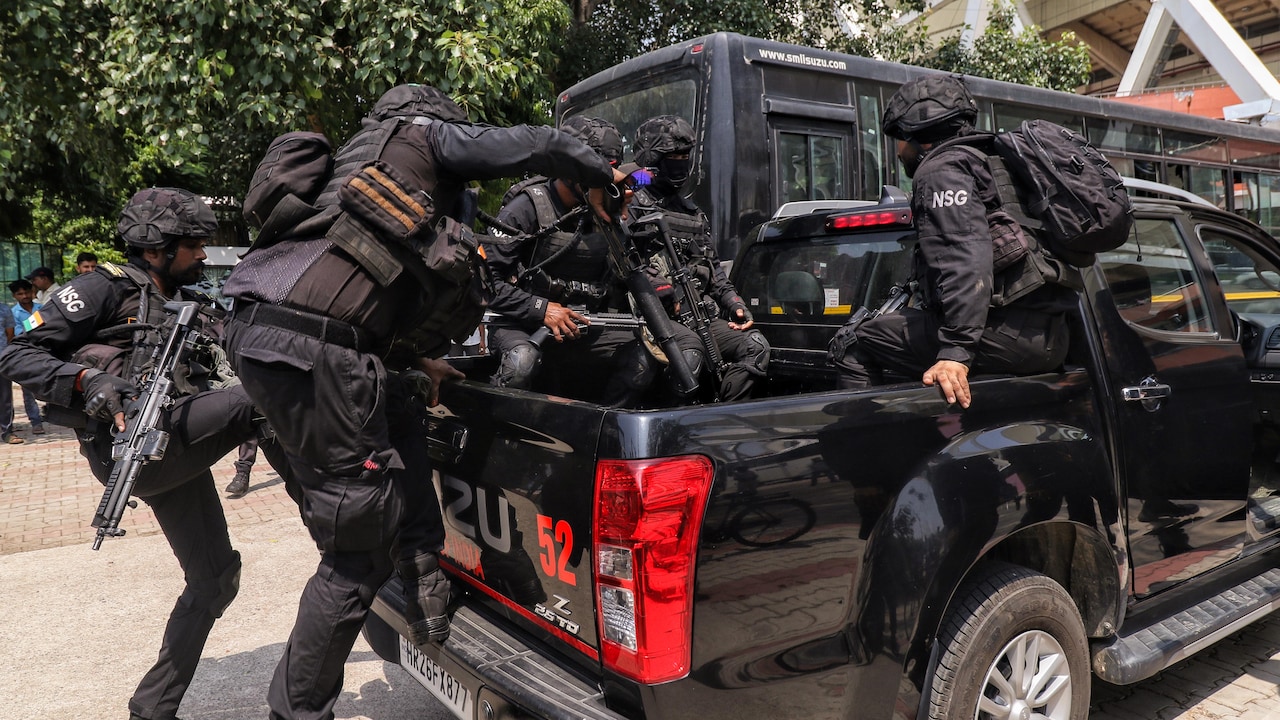 National Security Guard (NSG) personnel during a mock drill at Jawaharlal Nehru Stadium ahead of the upcoming BRICS Summit 2026. National Security Guard (NSG) personnel during a mock drill at Jawaharlal Nehru Stadium ahead of the upcoming BRICS Summit 2026.