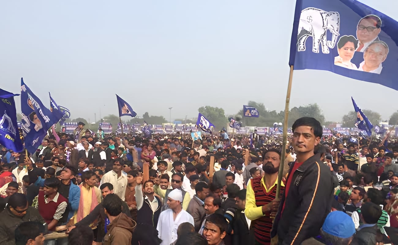 The BSPs blue flag carries its symbol elephant along with images of Mayawati, her mentor and BSP founder Kanshi Ram, and BR Ambedkar. The BSPs blue flag carries its symbol elephant along with images of Mayawati, her mentor and BSP founder Kanshi Ram, and BR Ambedkar.
