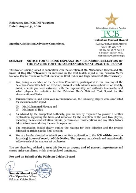 Pakistan Cricket Bord Notice to Selection Panel