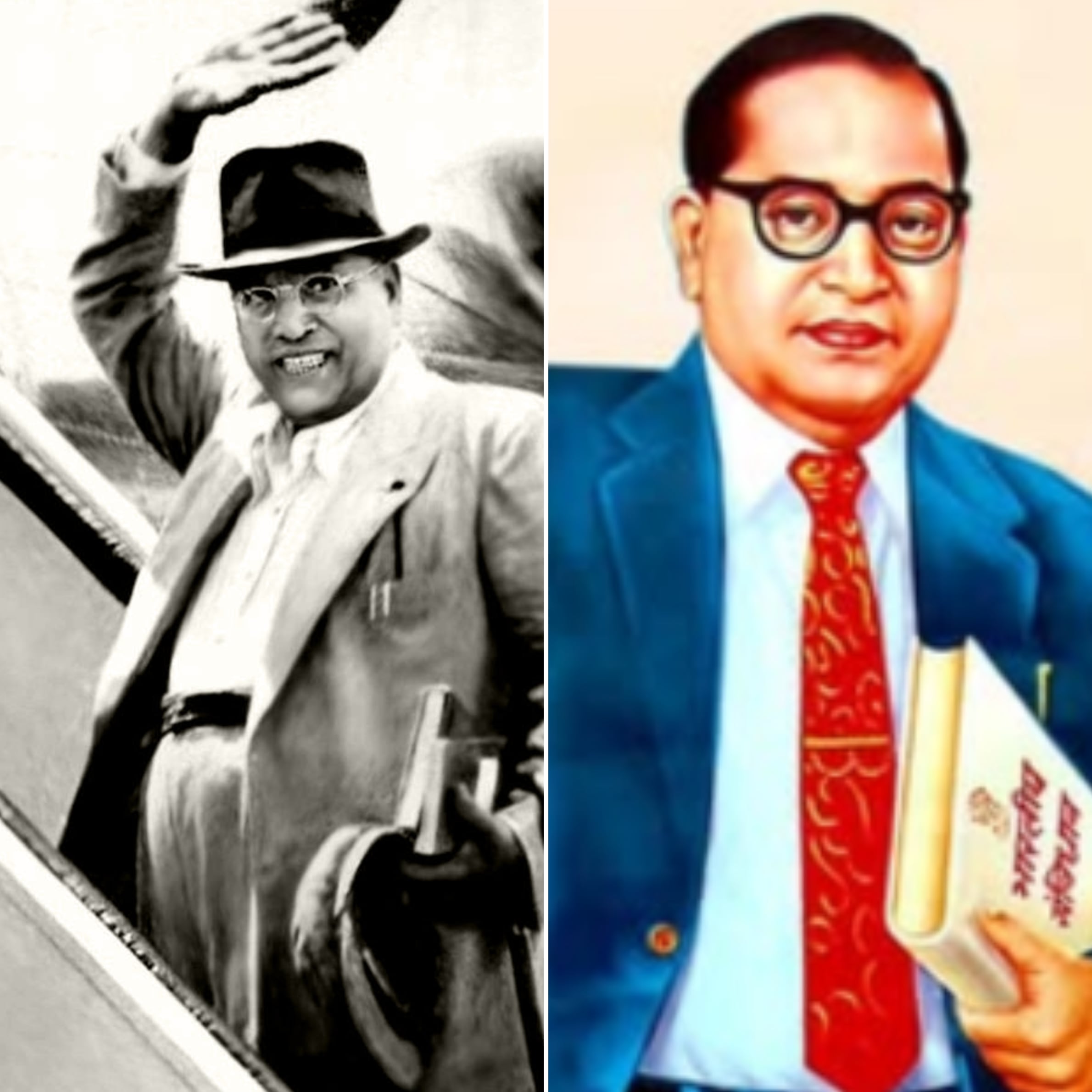 BR Ambedkar while leaving for the US to receive an honorary degree in 1952; and (right) in the popular blue-suit depiction. BR Ambedkar while leaving for the US to receive an honorary degree in 1952; and (right) in the popular blue-suit depiction.