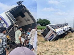 बैलेंस बिगड़ा, सड़क से उतरकर पलटी तिरुपति जा रही बस, एक्सीडेंट का खौफनाक वीडियो
