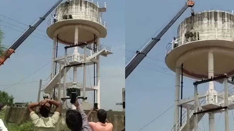 श्योपुर में पानी की 60 फिट ऊंची टंकी पर चढ़ा सांड फंस गया, 5 घंटे की कड़ी मेहनत के बाद क्रेन से उतारा
