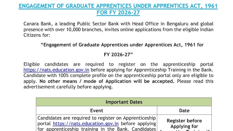 Canara Bank Apprentice Recruitment 2026: 3,500 पदों पर भर्ती, 1 अक्टूबर से शुरू होंगे आवेदन