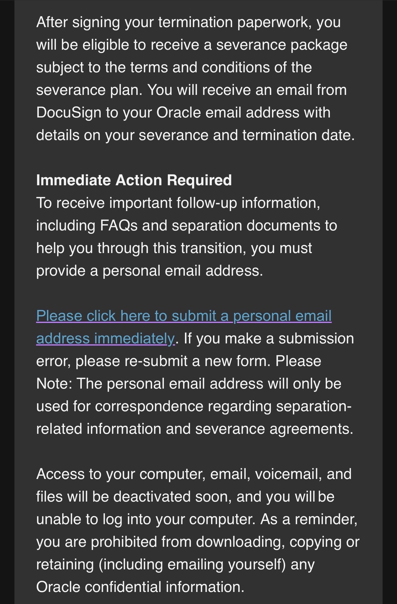 Alleged e-mail sent by Oracle to laid-off employees