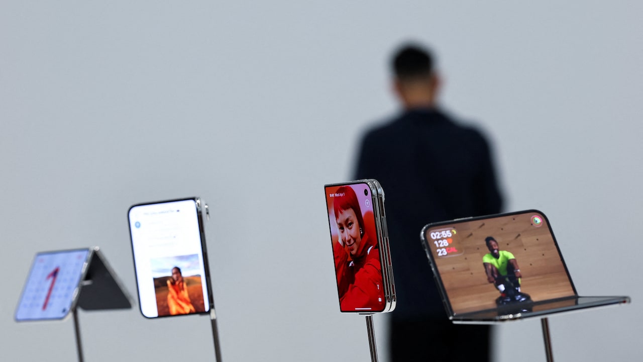 New foldable iPhone Duo devices on display during Apples event. New foldable iPhone Duo devices on display during Apples event.