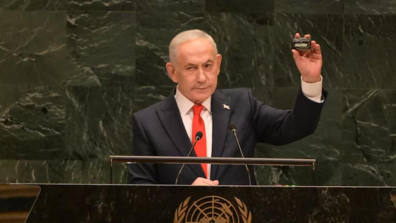 Israeli Prime Minister Benjamin Netanyahu showing a pager during his speech at UN General Assembly