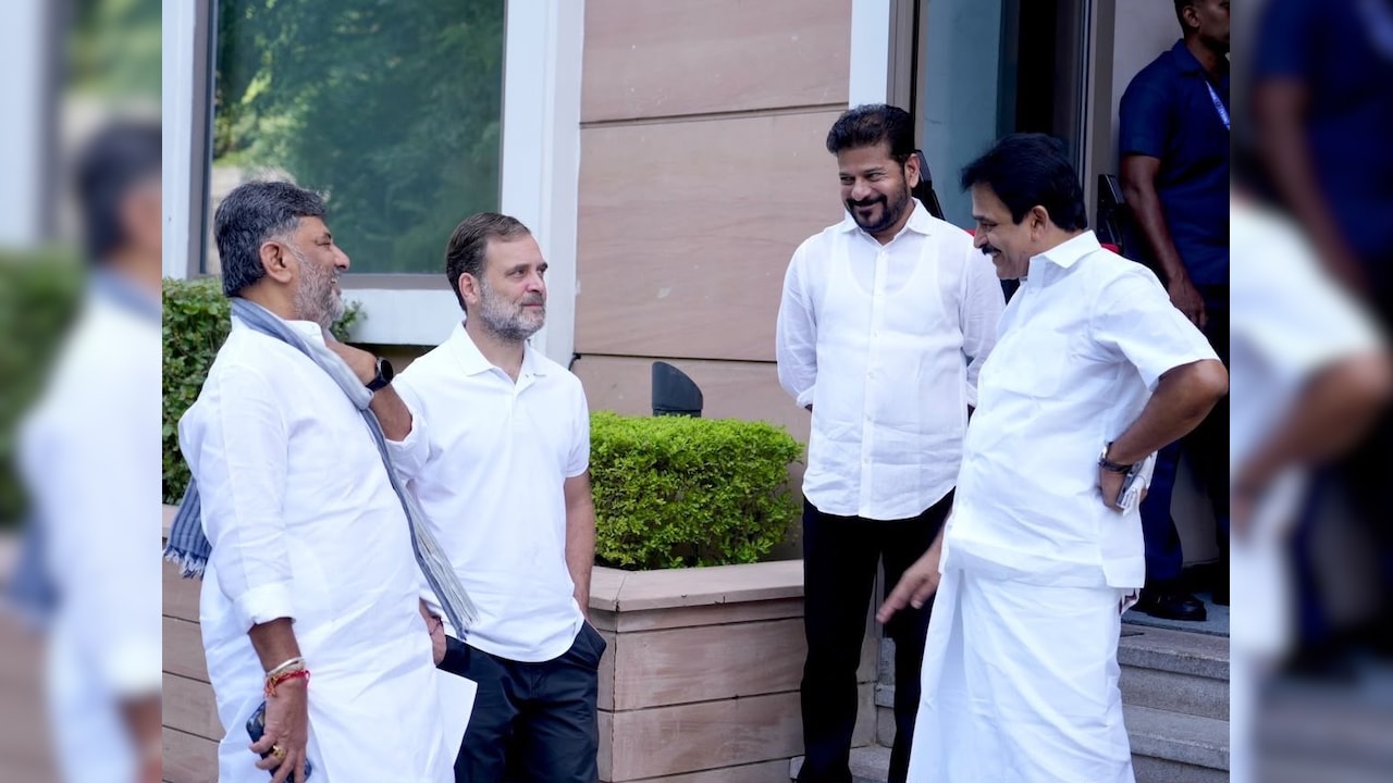 Rahul Gandhi, DK Shivakumar, Revanth Reddy and KC Venugopal after CWC meet Rahul Gandhi, DK Shivakumar, Revanth Reddy and KC Venugopal after CWC meet