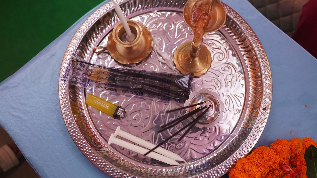 A pure brass pooja thali set, ready for Janmashtami prayers and celebrations