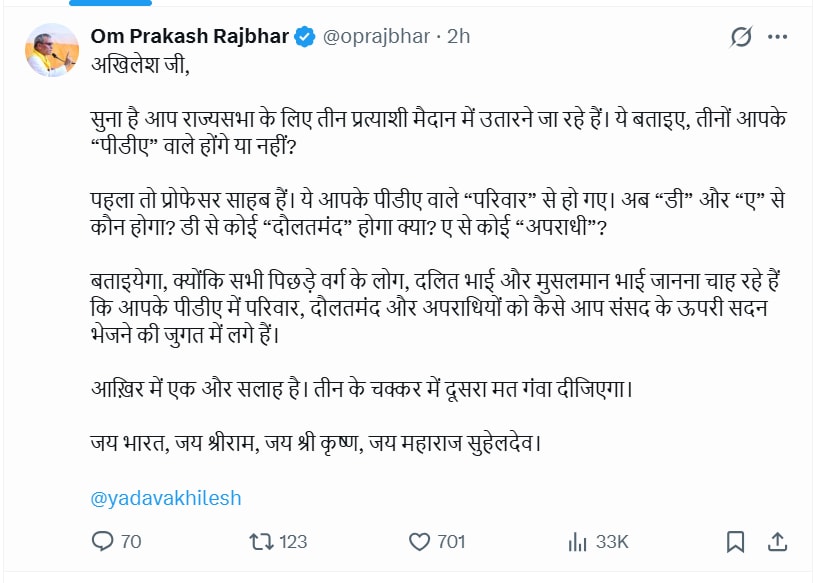 राज्यसभा चुनाव को लेकर राजभर का अखिलेश पर तंज. राज्यसभा चुनाव को लेकर राजभर का अखिलेश पर तंज.