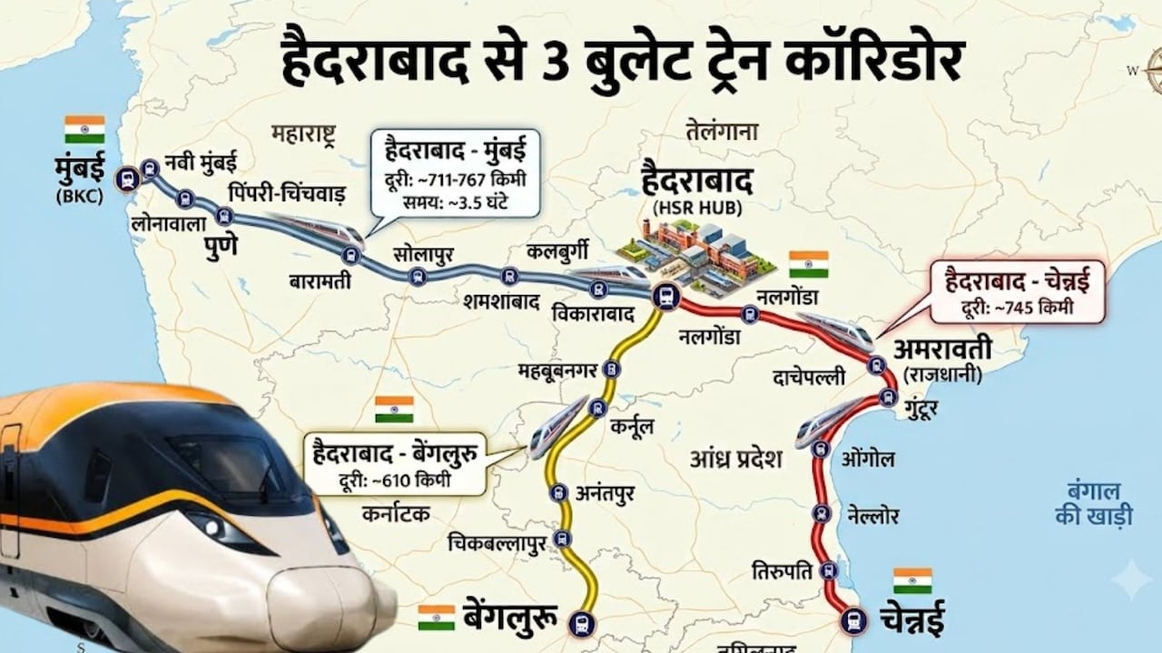 बुलेट ट्रेन के 3 नए रूट: मुंबई, हैदराबाद से चेन्नई-बेंगलुरु तक हाईस्पीड रेल कॉरिडोर, पुणे-ठाणे से अमरावती-तिरुपति तक 25 शहर जुड़ेंगे