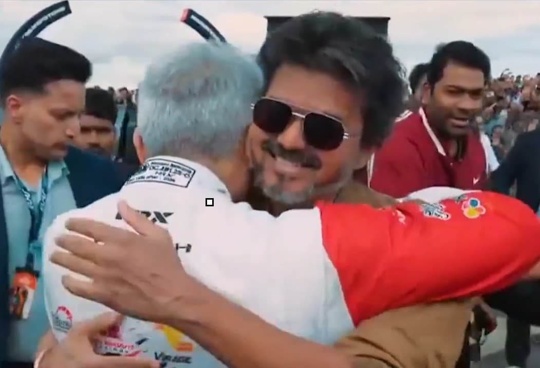 Vijay hugs Ajith ahead of the latters race at Silverstone