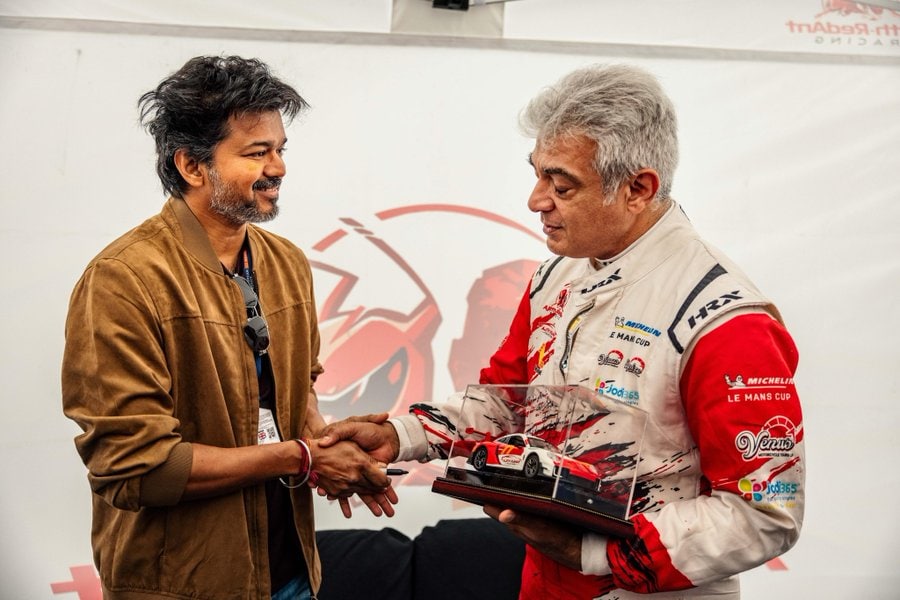 Vijay Presents Ajith with Miniature Race Car at Silverstone