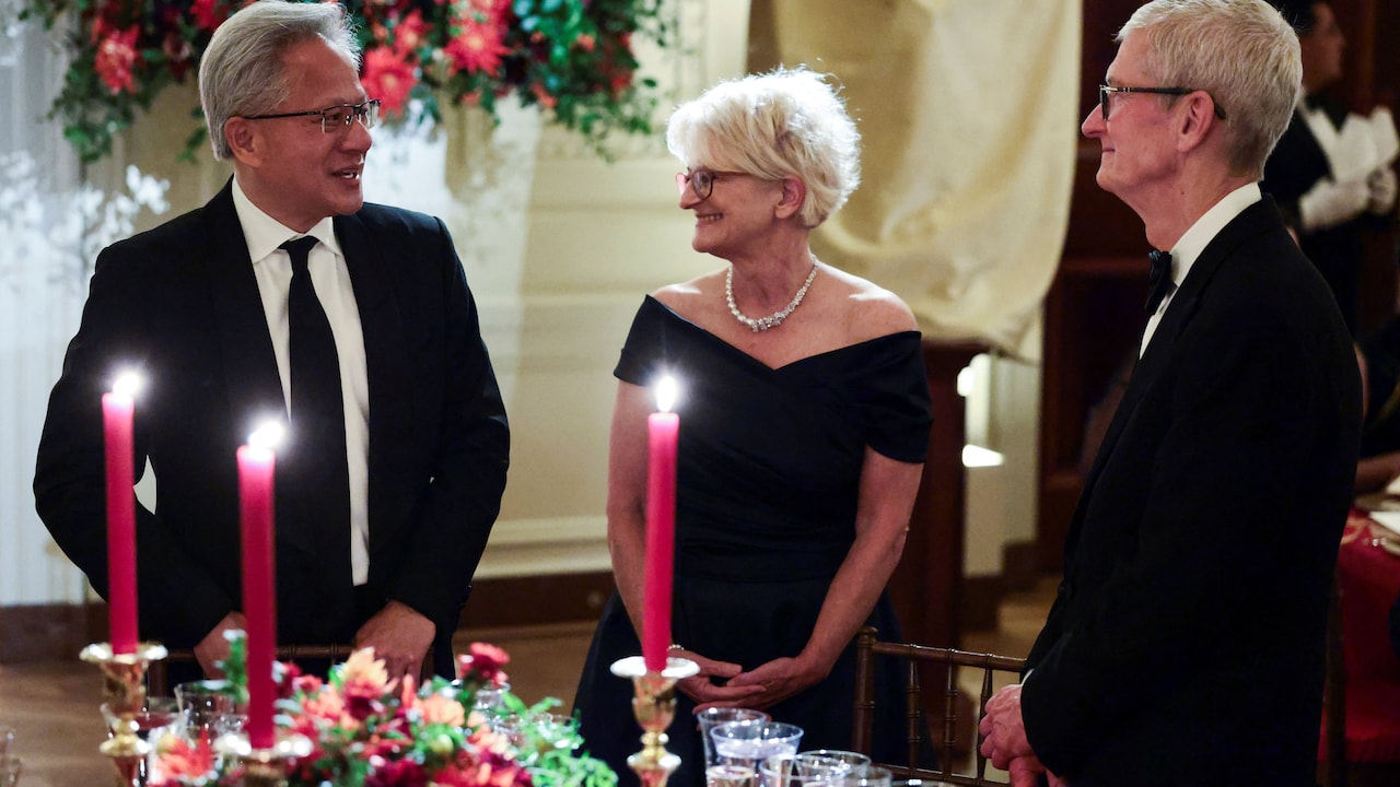 Nvidia CEO Jensen Huang and his wife Lori Huang attend a state dinner hosted by US President Donald Trump Nvidia CEO Jensen Huang and his wife Lori Huang attend a state dinner hosted by US President Donald Trump