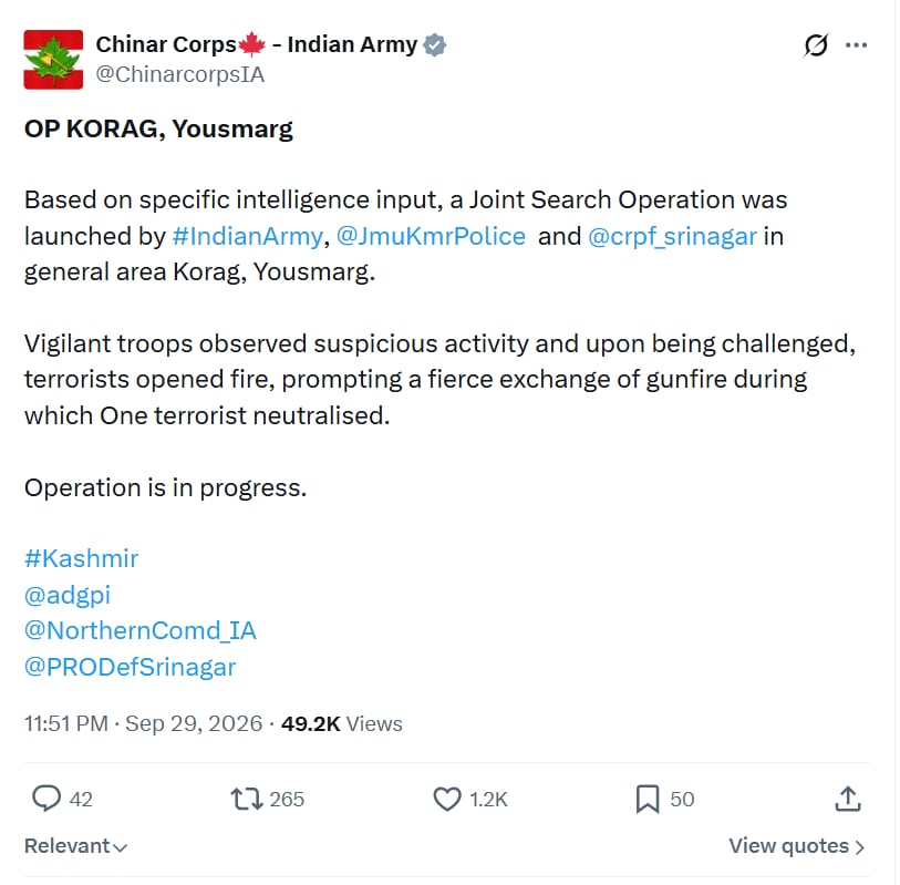 बडगाम एनकाउंटर के बारे में सेना का सोशल मीडिया पोस्ट. बडगाम एनकाउंटर के बारे में सेना का सोशल मीडिया पोस्ट.