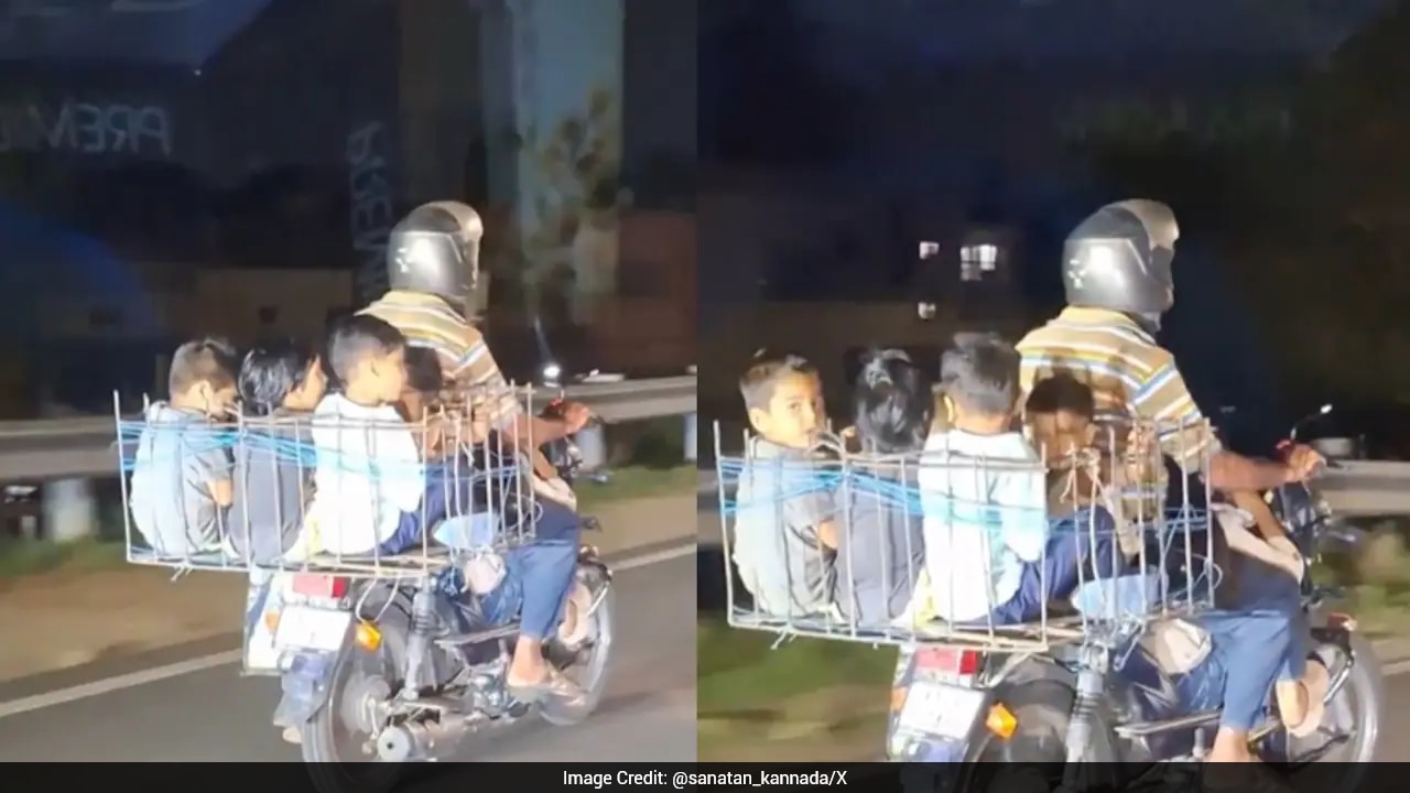 Video: Karnataka Man Rides Bike With 5 Children In Metal Basket, Sparks Safety Debate