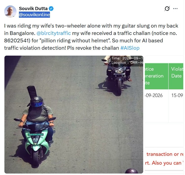 Bengaluru Man Shares AI Traffic Camera Mistake Guitar Challan As Pillion Without Helmet Viral Post