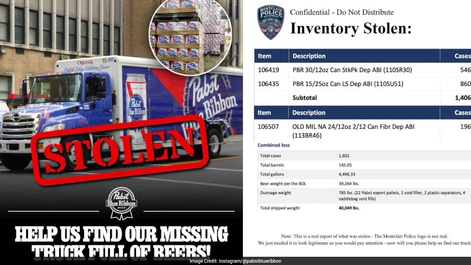 Pabst Brewing Offers Reward for Return of 40,000 Pounds of Stolen Beer