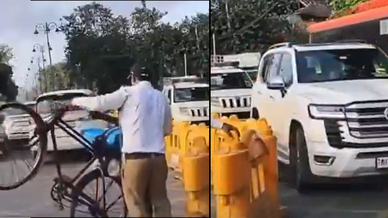 Cyclist Forced Aside As VIP SUV Gets Priority In Mumbai
