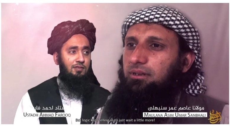 Ahmad Farooq, the founding deputy emir of AQIS (left), and AQIS' founding emir, Asim Umar (right), as shown in an As-Sahab AQIS video released in October 2021. (ctc.westpoint.edu)