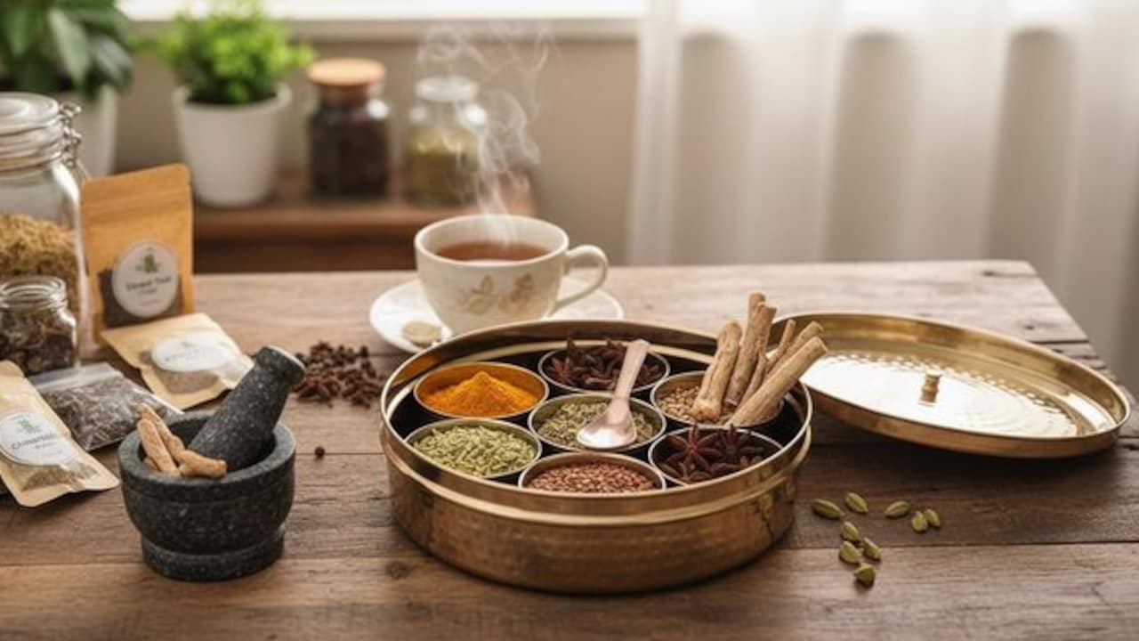 A traditional masala dani filled with everyday spices, kept within easy reach on the kitchen counter A traditional masala dani filled with everyday spices, kept within easy reach on the kitchen counter
