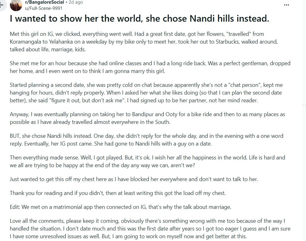 Bengaluru Man Heartbreak After First Date Nandi Hills Viral Reddit Story Bengaluru Man Heartbreak After First Date Nandi Hills Viral Reddit Story
