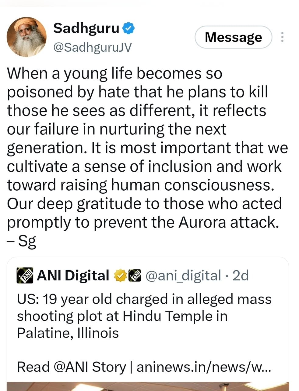 अमेरिकी मंदिर में हमले की साजिश पर सद्गगुरु का पोस्ट.