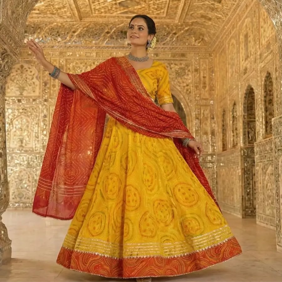 Click here to buy: VASANT Bandhani Semi Stitched Lehenga & Crop Top