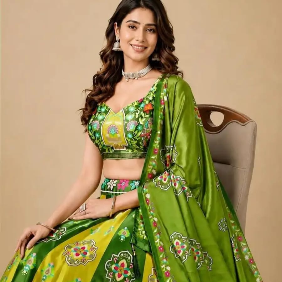 Click here to buy: OOREE Floral Print, Digital Print Semi Stitched Lehenga Choli (Green)