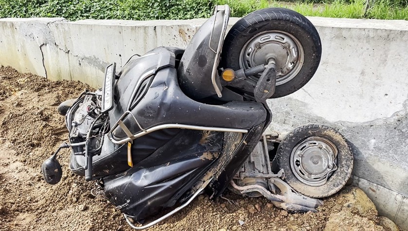 A view of the accident-involved scooter following a crash with a Mini Cooper in Nedumbassery in Kochi