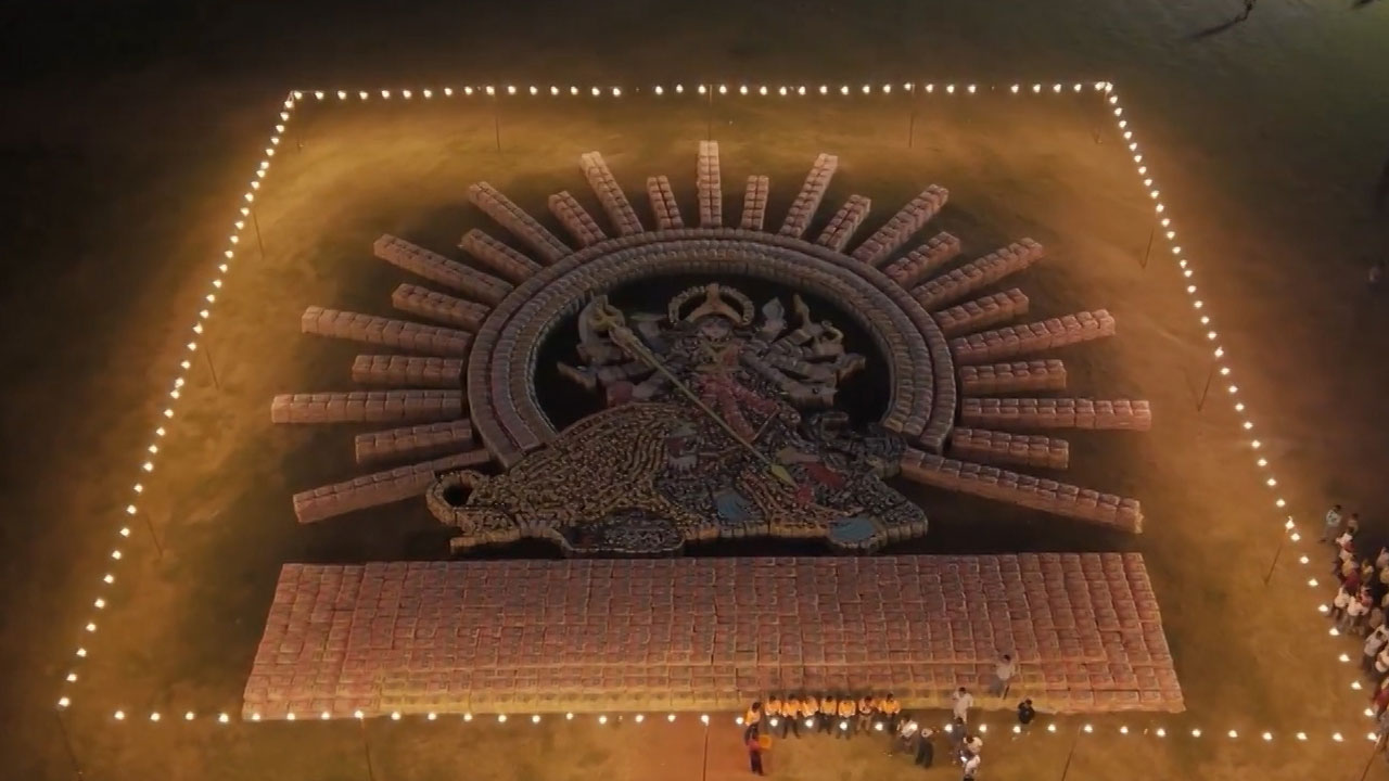 Adani Cement Creates 70-Foot Maa Durga Tribute Using 15,000 Cement Bags