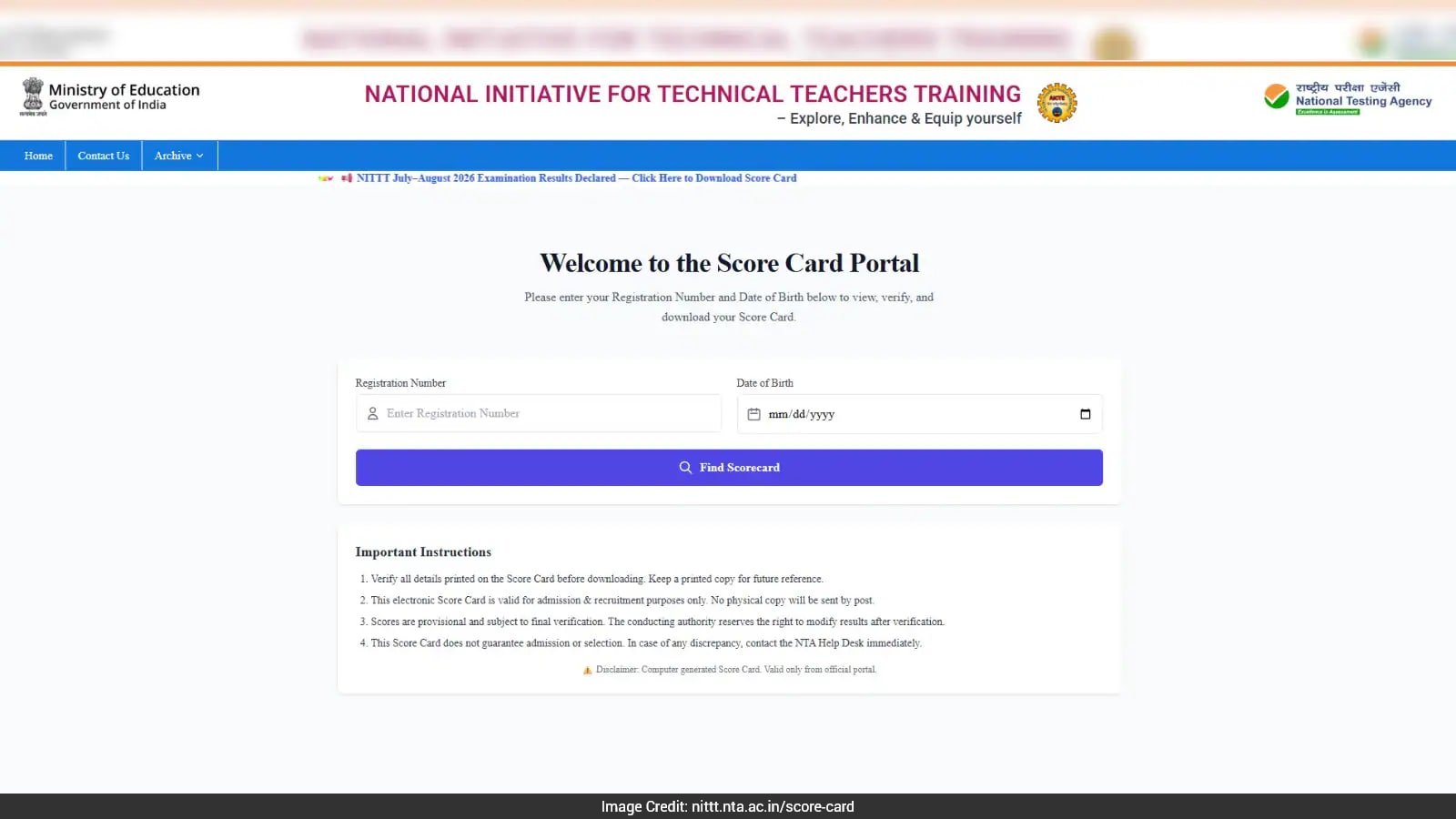 NTA Declares NITTT July-August 2026 Results for Batch-13 Candidates