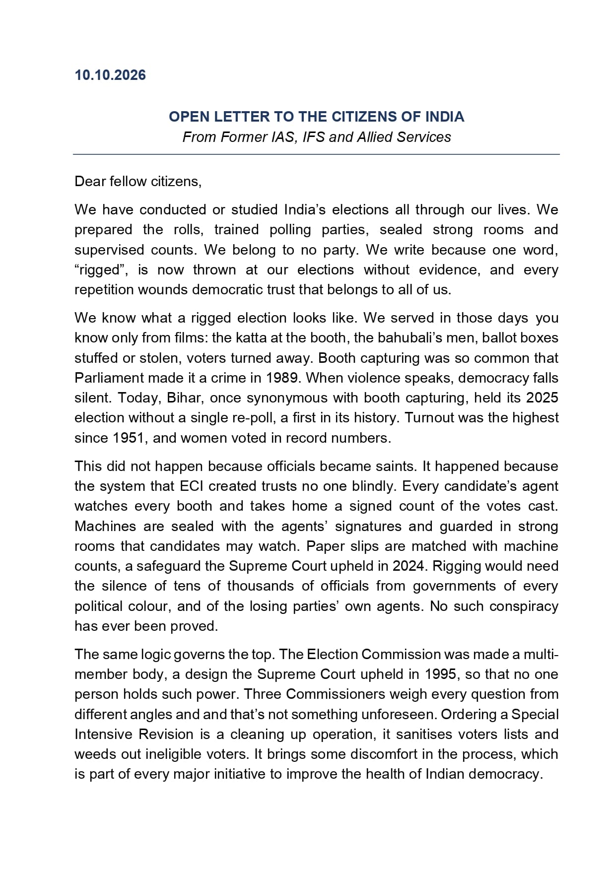 124 former ias ifs officers defend election commission sir reject vote rigging allegations