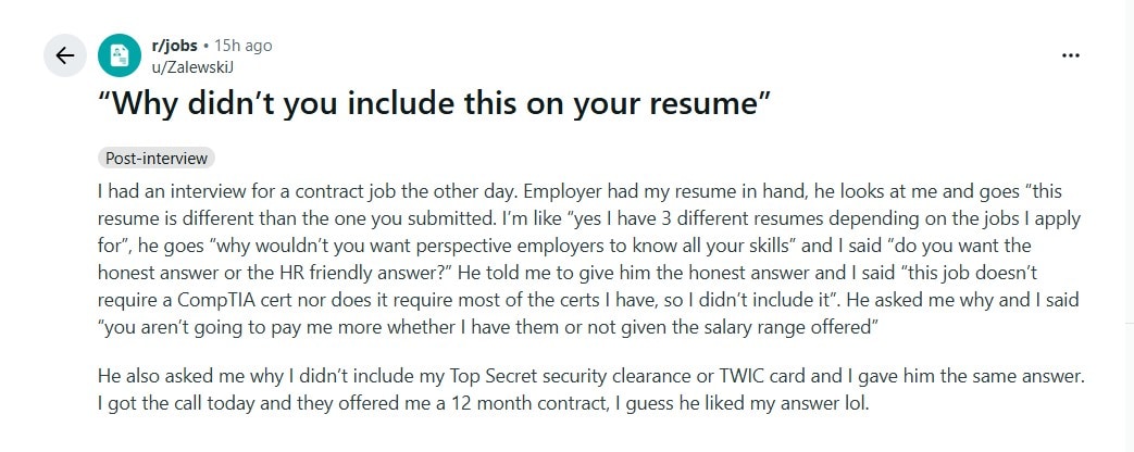 Man 3 Different Resumes Job offer After Honest Inerview answar Reddit Viral Post