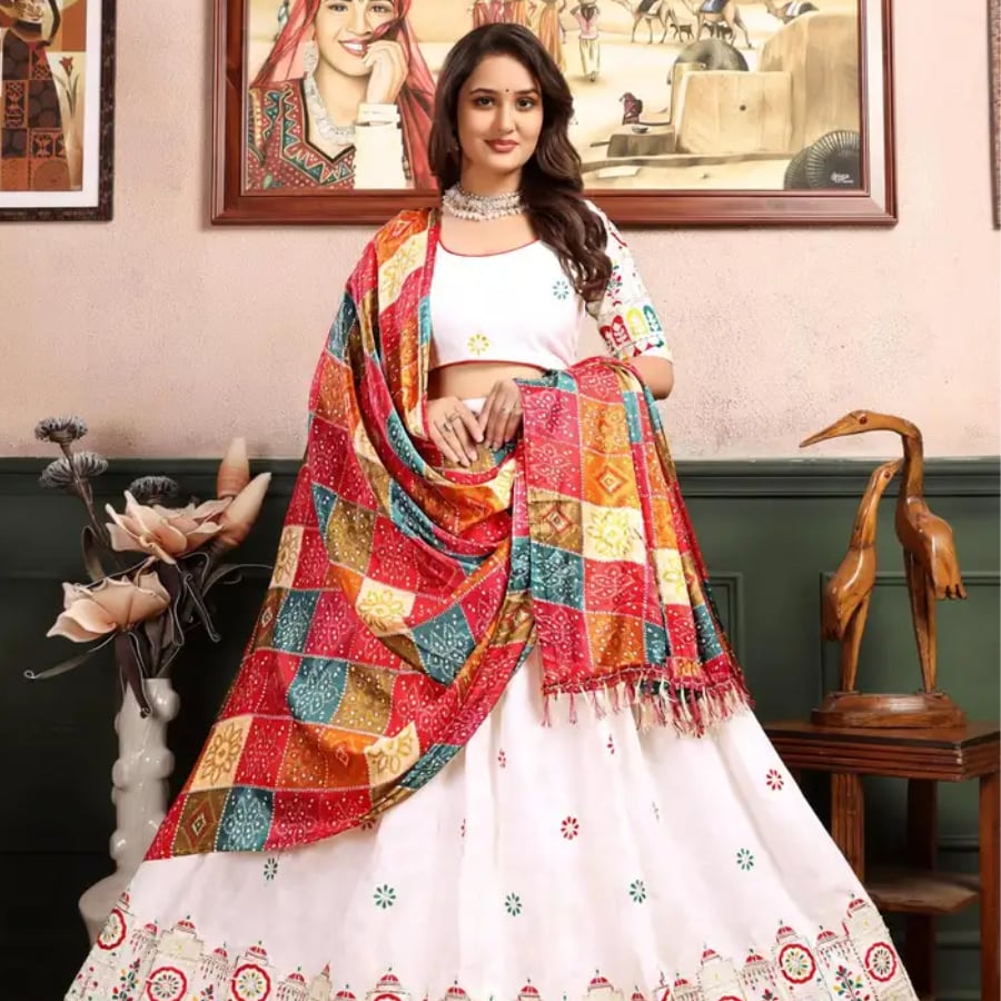 Click here to buy: VEEDHRUMI Bandhani Semi Stitched Lehenga Choli