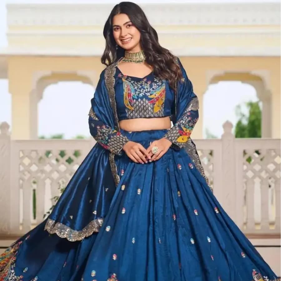 Click here to buy: PEDR TRENDS Embroidered Semi Stitched Lehenga Choli (Blue)