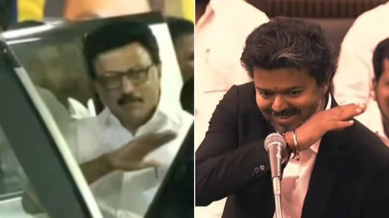 MK Stalin in March 2026. (Right) Vijay in the Assembly