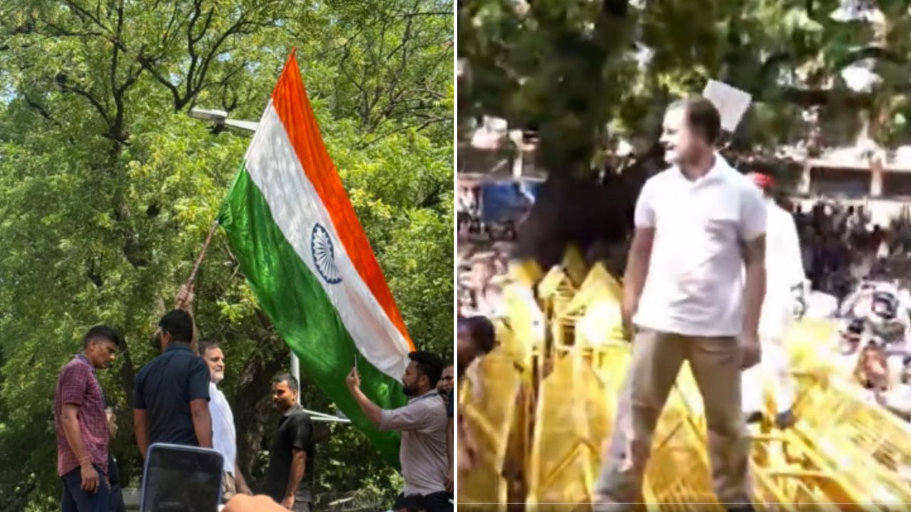 Rahul Gandhi Climbs Barricade In Massive INDIA Bloc Protest Against Gyanesh Kumar