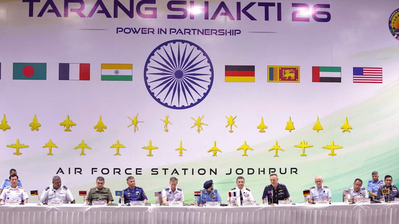 Chief of the Air Staff Air Chief Marshal AP Singh, US Pacific Air Forces Commander General Kevin Schneider, Air and Space Inspector General, FASF, General Stephane Groen and others during a press conference on the Exercise Tarang Shakti 2026, in Jodhpur on Saturday Chief of the Air Staff Air Chief Marshal AP Singh, US Pacific Air Forces Commander General Kevin Schneider, Air and Space Inspector General, FASF, General Stephane Groen and others during a press conference on the Exercise Tarang Shakti 2026, in Jodhpur on Saturday
