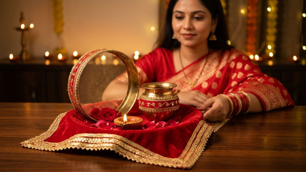 करवा चौथ की थाली: गोटे, सितारों और लाल मखमली कपड़े से सजी ये डिजाइनर Thali Set समय रहते करें ऑर्डर
