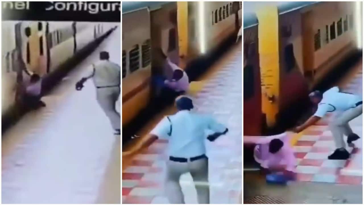 VIDEO: चलती ट्रेन में चढ़ने की कोशिश पड़ी भारी, प्लटेफॉर्म के बीच में फंसा शख्स, पुलिसकर्मी ने ऐसे बचाई जान