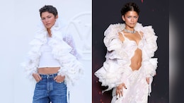 Zendaya Gives Her <i>The Odyssey</i> White Ruffle Jacket A Casual Twist With Jeans At Paris Fashion Week