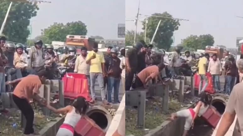 Foreign Woman Spotted Walking Inside Roadside Drain Near Delhi's Mahipalpur