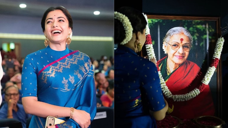 Rashmika Mandanna Pays Tribute To MS Subbulakshmi In A Striking Blue Kanjivaram Saree