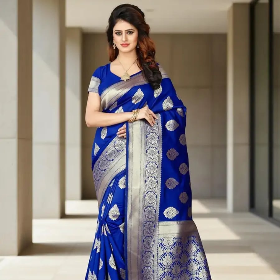 Click here to buy: ShopGlobal Self Design Banarasi Silk Blend Saree with Unstitched Blouse