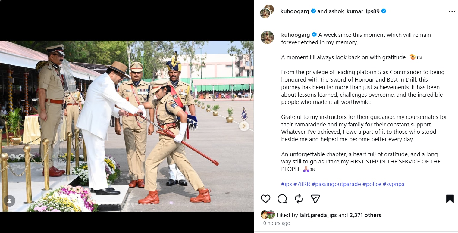 ips kuhu garg emotional post after sword of honour svpnpa passing out parade