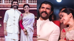 Rashmika Mandanna Stuns In Ivory Saree, Vijay Deverakonda Complements Her In All-White At <i>Ranabaali</i> Event