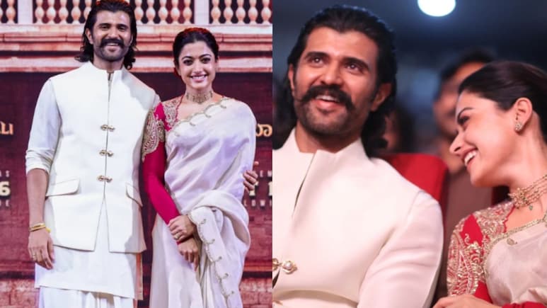 Rashmika Mandanna Stuns In Ivory Saree, Vijay Deverakonda Complements Her In All-White At <i>Ranabaali</i> Event